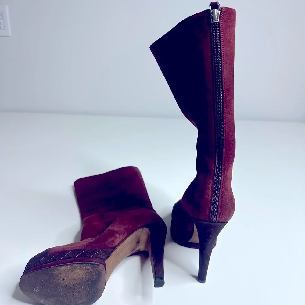 CHANEL Deep Red Suede Heeled Boots